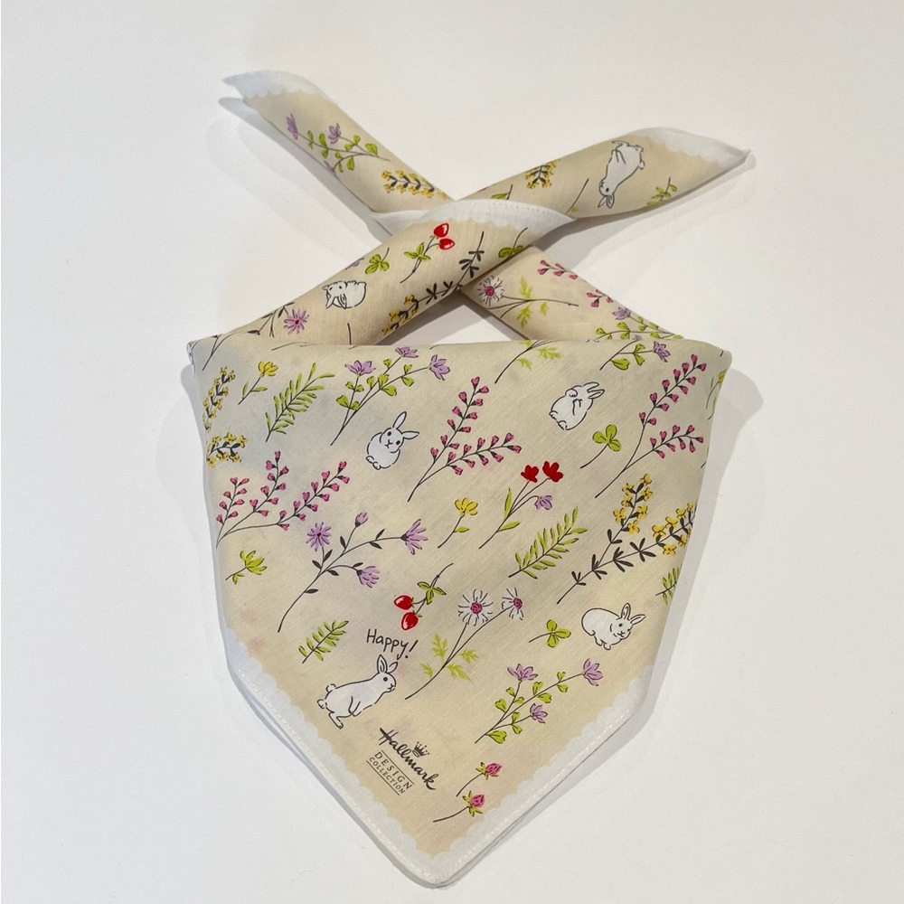 HANDKERCHIEF VINTAGE HALLMARK WOMEN ART FLORAL & BUNNY COTTON POCKET SQUARE 19”